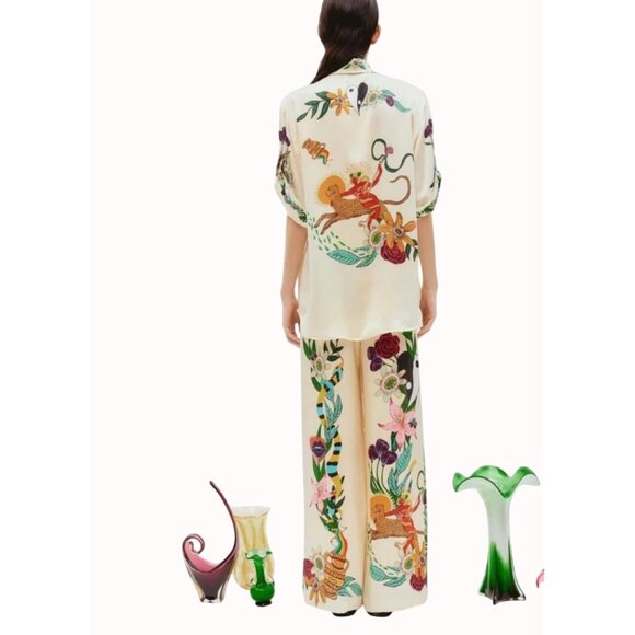 Summer Vibe 2 Piece Set Size 3XL Satin Chic Art Short Sleeve Shirt Wide Leg Pant - Picture 4 of 16